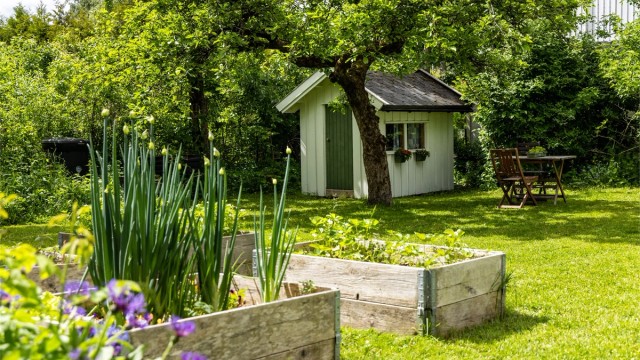 Den store hagen er opparbeidet med diverse flott beplantning og en dukkestue.