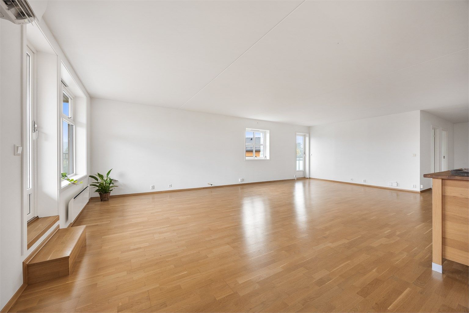 Meget romslig oppholdsrom med god plass til både stor sofagruppe og spisebord.