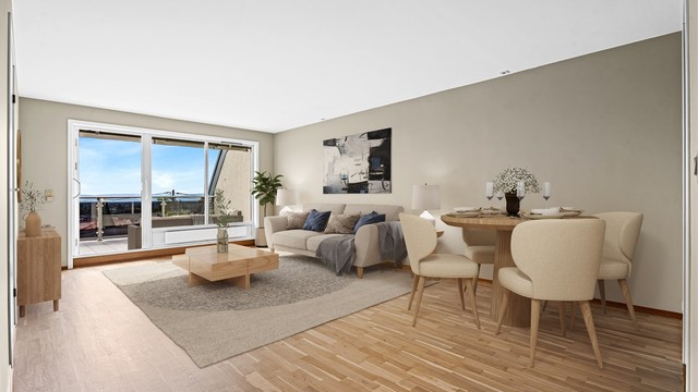 Stuen har flere møbleringsmuligheter med både god plass til sofa, bord, tv og spisebord (digitalt møblert).