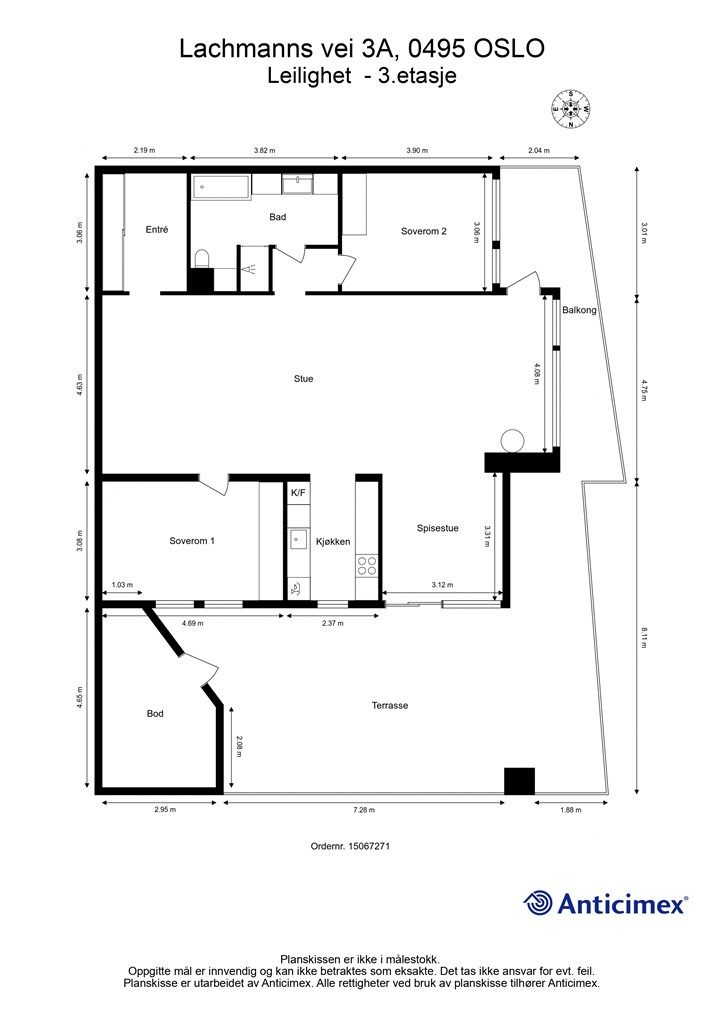 Planskisse. Soverom 1 var opprinnelig 2 soverom