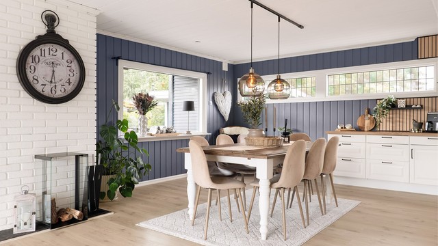 Rundt kjøkkenet er det naturlige soner for både langstrakt spisegruppe og mange-seters sofakrok.