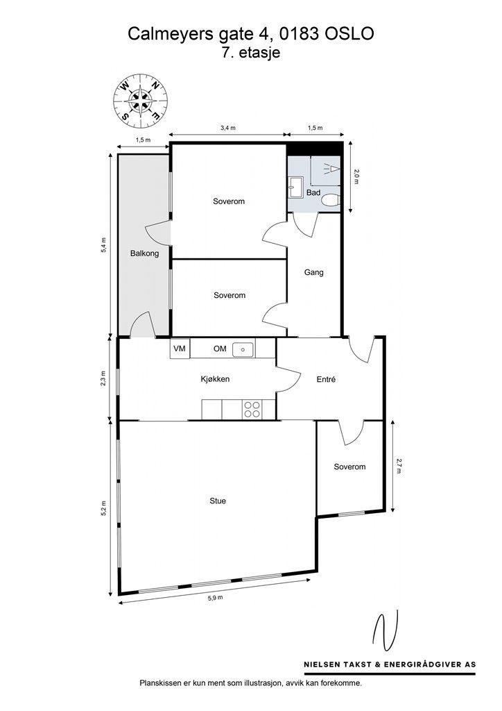Arealeffektiv planløsning med to gode soverom og adskilte soner. En kjellerbod på ca. 8 m² medfølger.