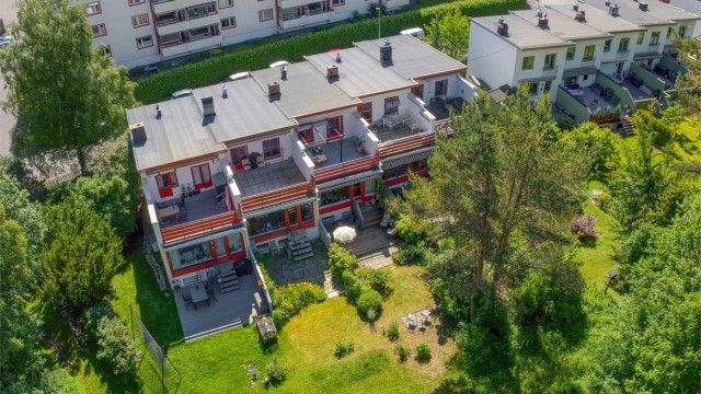 Fra luften ser man tydelig de fine uteplassene og den grønne hagen.