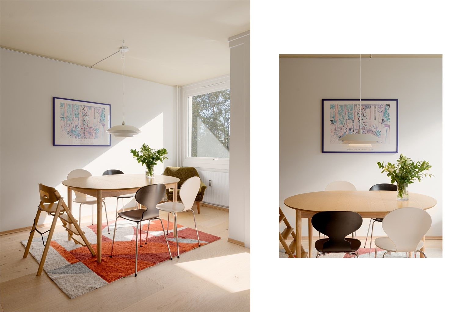 Den karakteristiske 50-tallsarkitekturen, med den fremskutte stuen, gir en leilighet som bader i naturlig lys fra flere kanter. Perfekte rammer for spiseplassen!