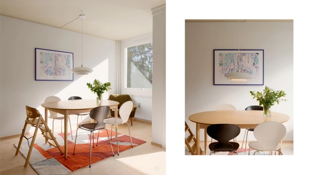 Den karakteristiske 50-tallsarkitekturen, med den fremskutte stuen, gir en leilighet som bader i naturlig lys fra flere kanter. Perfekte rammer for spiseplassen!