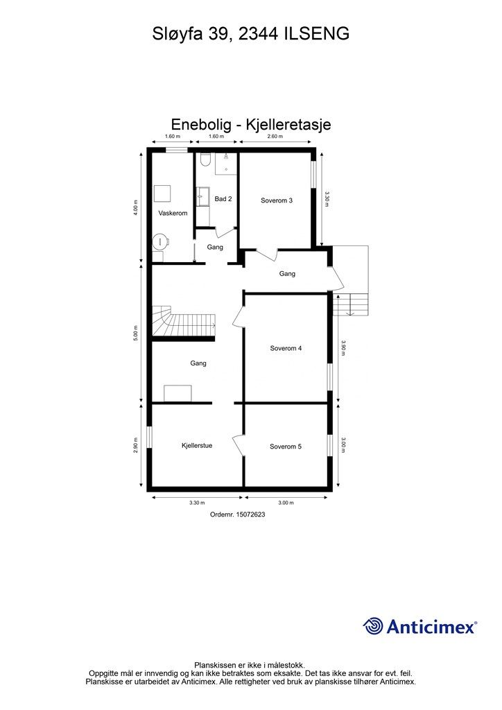 Plantegning underetasje. Soverommene og kjellerstuen er ikke søkt bruksendret, og er således ikke godkjent til varig opphold. 