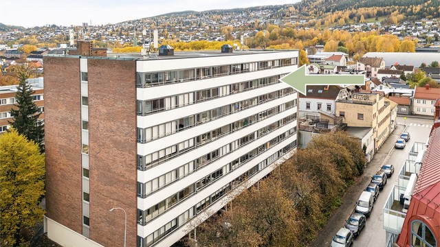 Felles overbygget inngangsparti med videre heis- og trappeadkomst til leilighetens etasjeplan (6. etasje).