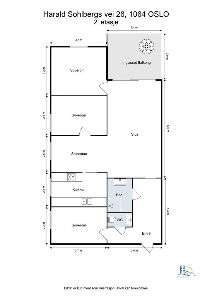 Leiligheten har en gjennomtenkt planløsning med tre soverom, separat toalettrom og en sosial samlingssone.
