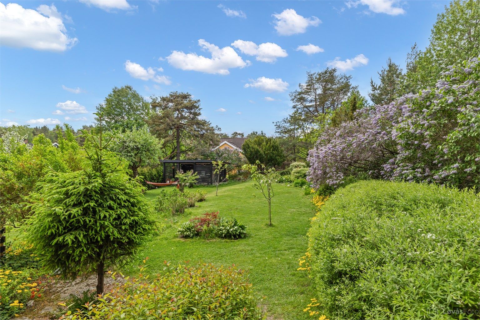 Hyggelig hage som gir rikelig med plass til lek og aktiviteter, enten det er trampoline, spill eller uformelt samvær. Beplantning med bla. syriner, frukttrær og blomsterbed gir et frodig uttrykk gjennom sesongen. Foto: John Løvås