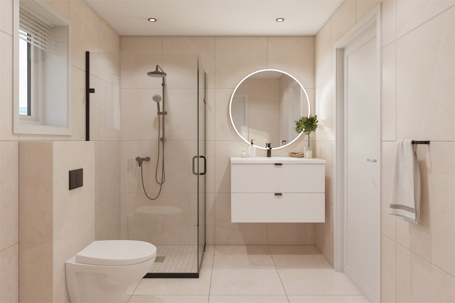 Flislagt og delikat baderom. Illustrasjonsbilde og avvik kan forekomme.