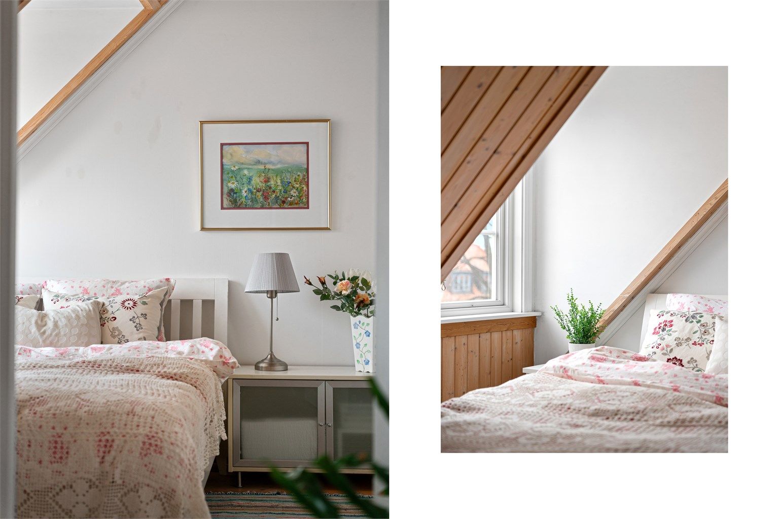 Trepanelet og skråtaket gir rommet en lun og behagelig atmosfære.