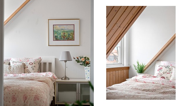 Trepanelet og skråtaket gir rommet en lun og behagelig atmosfære.