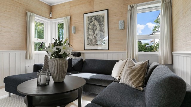 Stuen har panel på deler av veggen og en lun atmosfære.