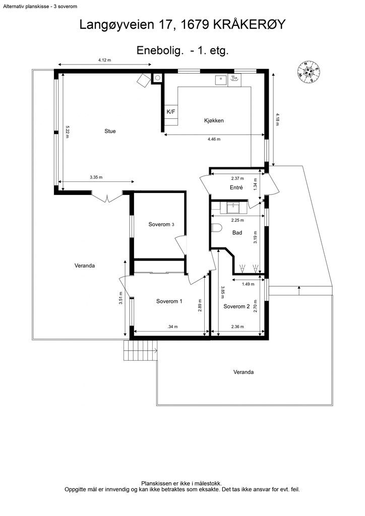 Alternativ planskisse med 3 soverom i første etasje.