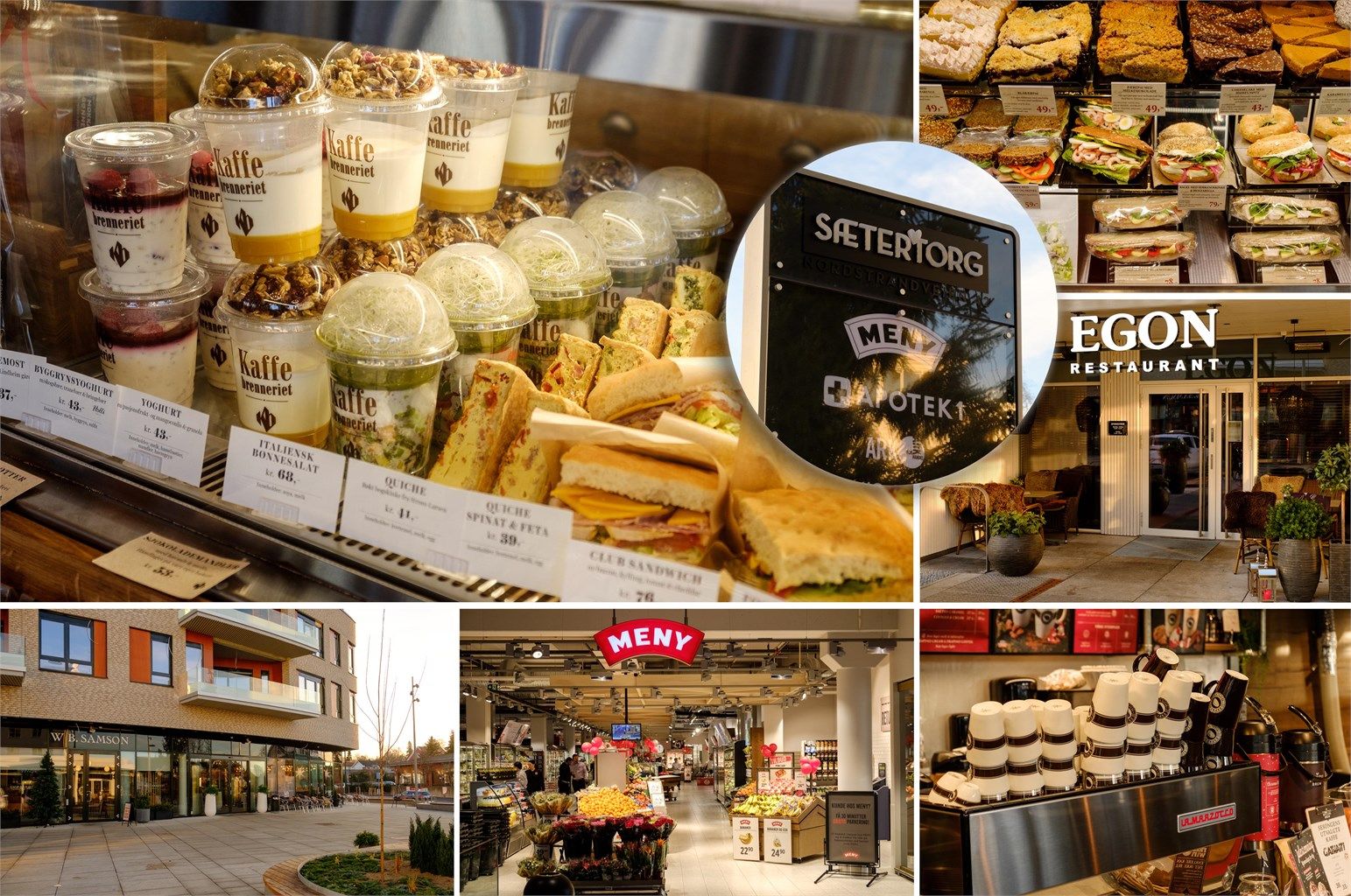 Kort vei til et bredt servicetilbud på Sæter. Her finner du bl.a. flere caféer, spisesteder, vinbar, matbutikker, nisjebutikker og treningssenter m.m.