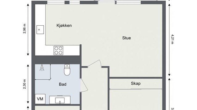 Leiligheten har en arealeffektiv planløsning med to soverom, åpen stue- og kjøkkenløsning og utgang til balkong.