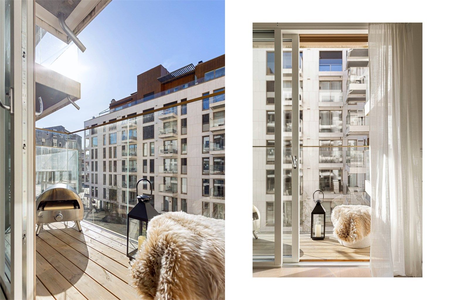 Den vestvendte balkongen har plass til en sittegruppe og vender mot et skjermet gårdsrom.