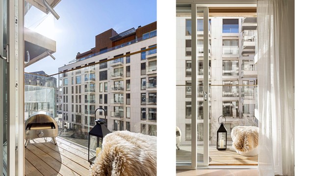 Den vestvendte balkongen har plass til en sittegruppe og vender mot et skjermet gårdsrom.