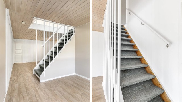 Trappen leder rett opp til stuen i første.