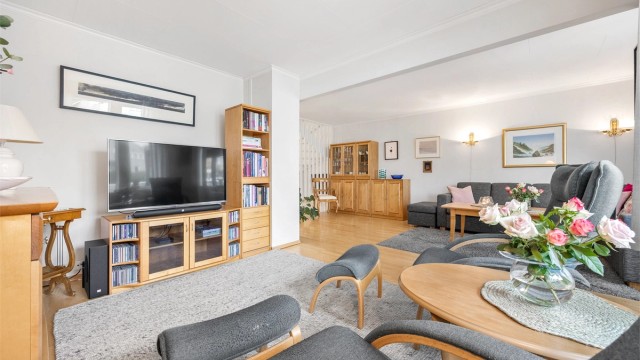 Stuen har god plass til stor sofagruppe og mediamøbler.