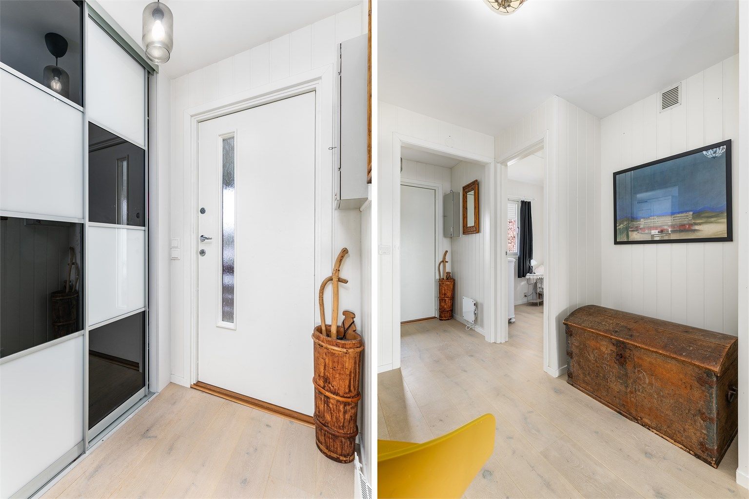 Laminatgulvet er lagt gjennomgående og terskelfritt mellom stuen, entreen og soverom II. I entreen kan yttertøyet oppbevares lett tilgjengelig i skyvedørsgarderobe.