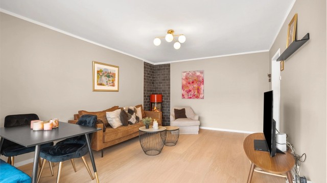 Frittstående peisovn med plate på gulv og skiferbelagt vegg, pent plassert i hjørnet av rommet.