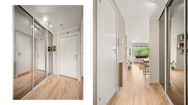 En innbydende entré med brann- og lydklassifisert entrédør samt en stor og romslig skyvedørsgarderobe.