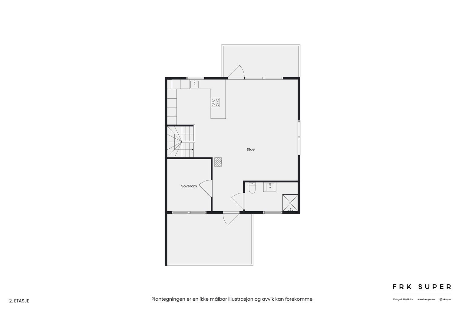 Planskisse 2 etasje: Funksjonell planløsning- legg merke til at andre etasje har to store verandaer på hver side av boligen.