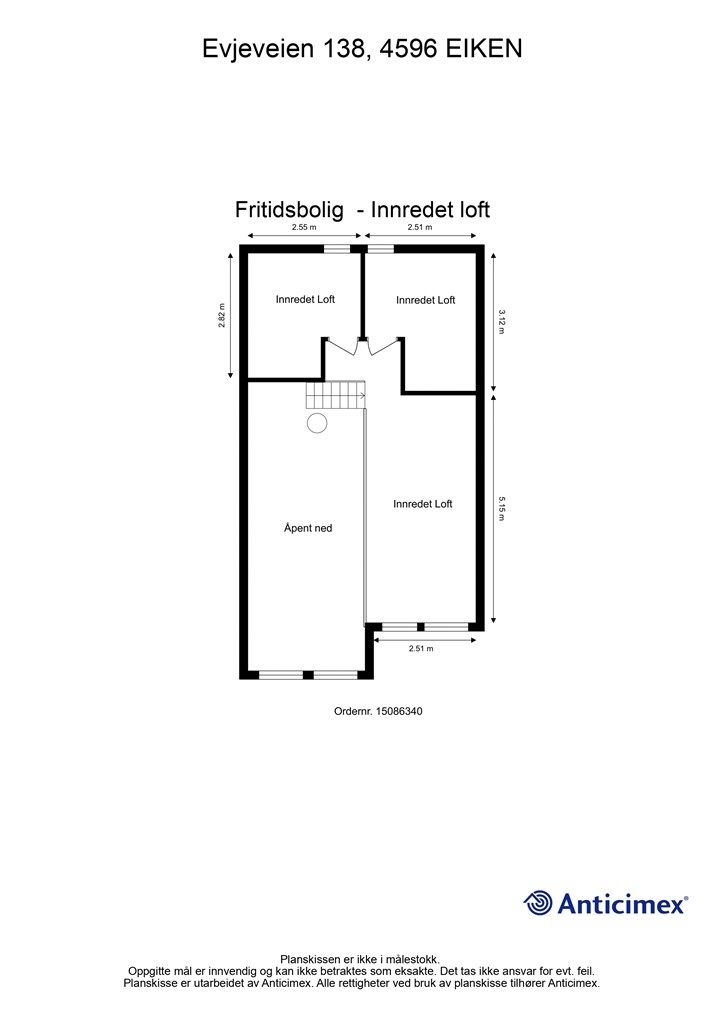 Plantegning innredet loft m/ mål, men ikke i målestokk (avvik kan forekomme)