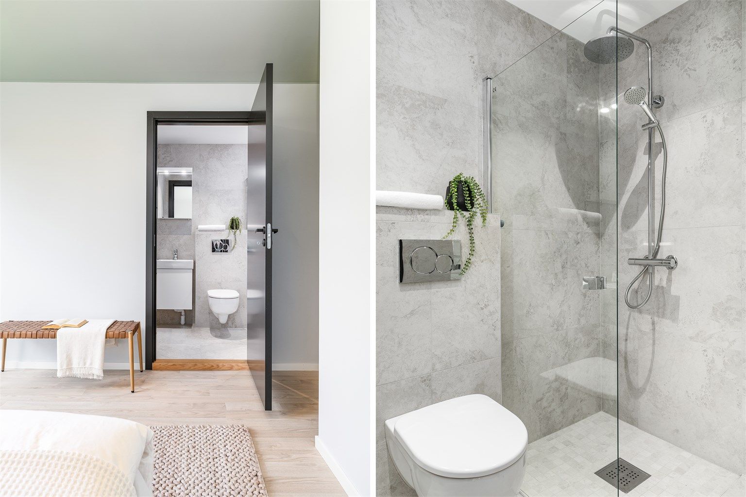 Muligheten til å gå rett inn til eget bad oppleves i hverdagen som en aldri så liten luksus. Badet er helt nytt og har naturligvis gulvvarme.