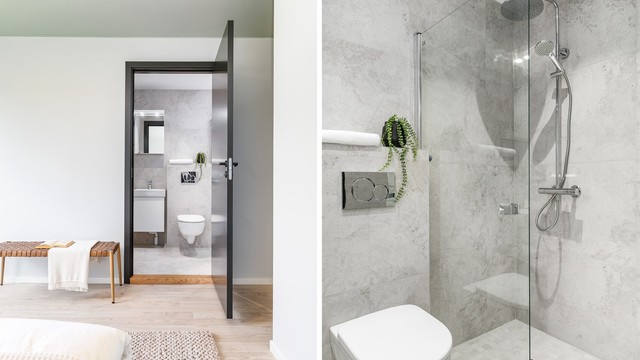 Muligheten til å gå rett inn til eget bad oppleves i hverdagen som en aldri så liten luksus. Badet er helt nytt og har naturligvis gulvvarme.