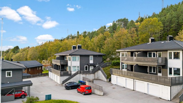 Asfaltert fellesareal med gjesteparkering og tilhørende garasjeplass i underetasjen.
