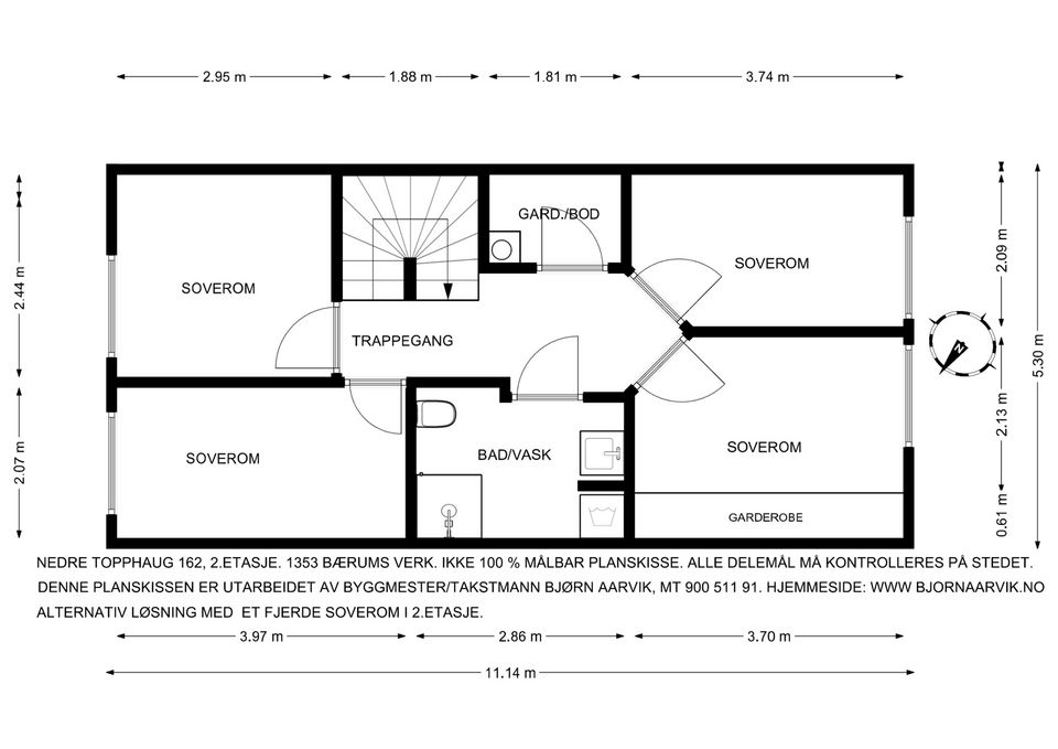 Alternativ plantegning for etasjen, vist med 4 soverom
