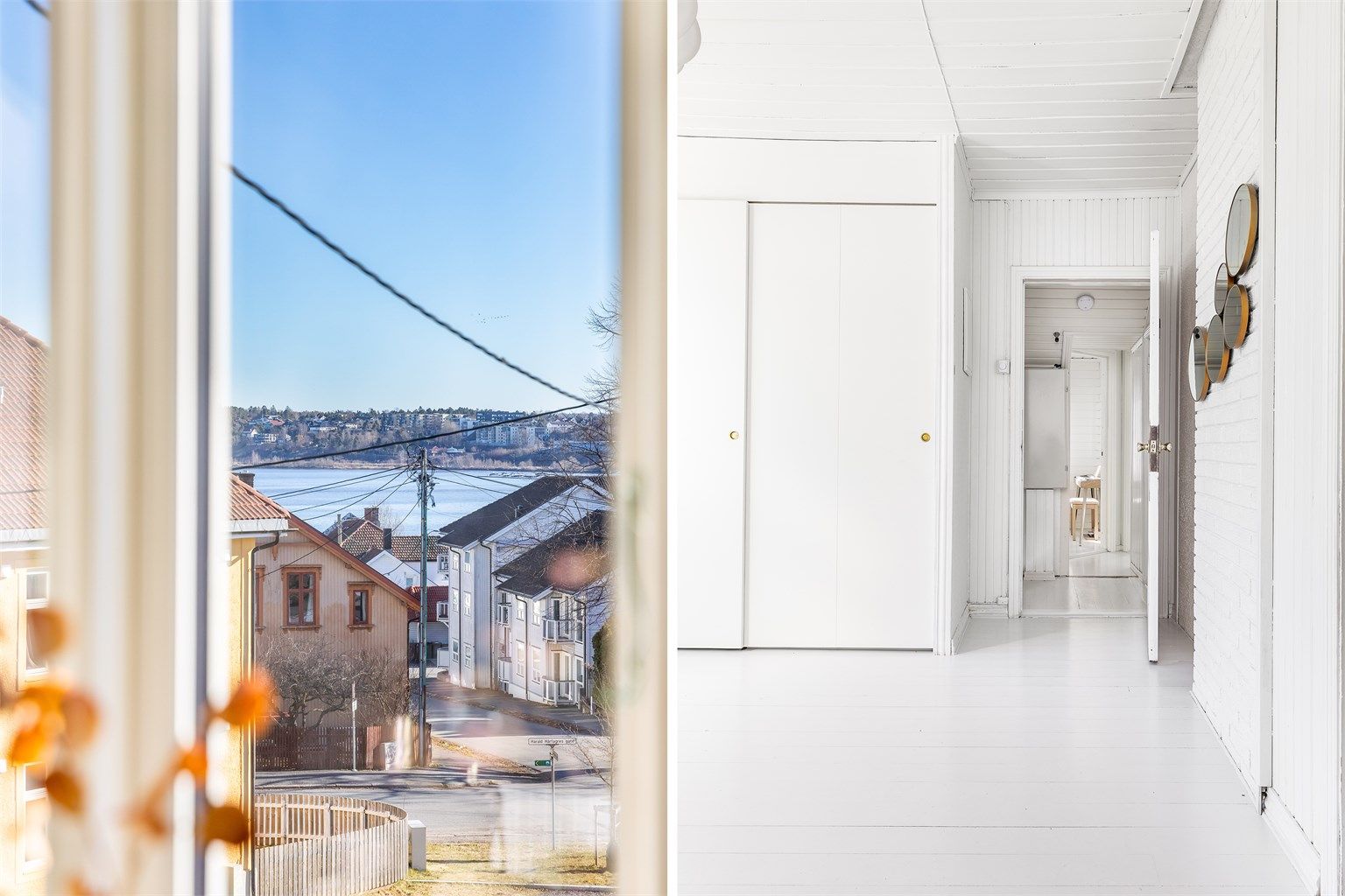 Plassbygget skyvedørsgarderobe inngår i det største soverommet/loftstuen. Gjennom vinduet langstrakt utsikt og gløtt av sjøen i Mossesundet.