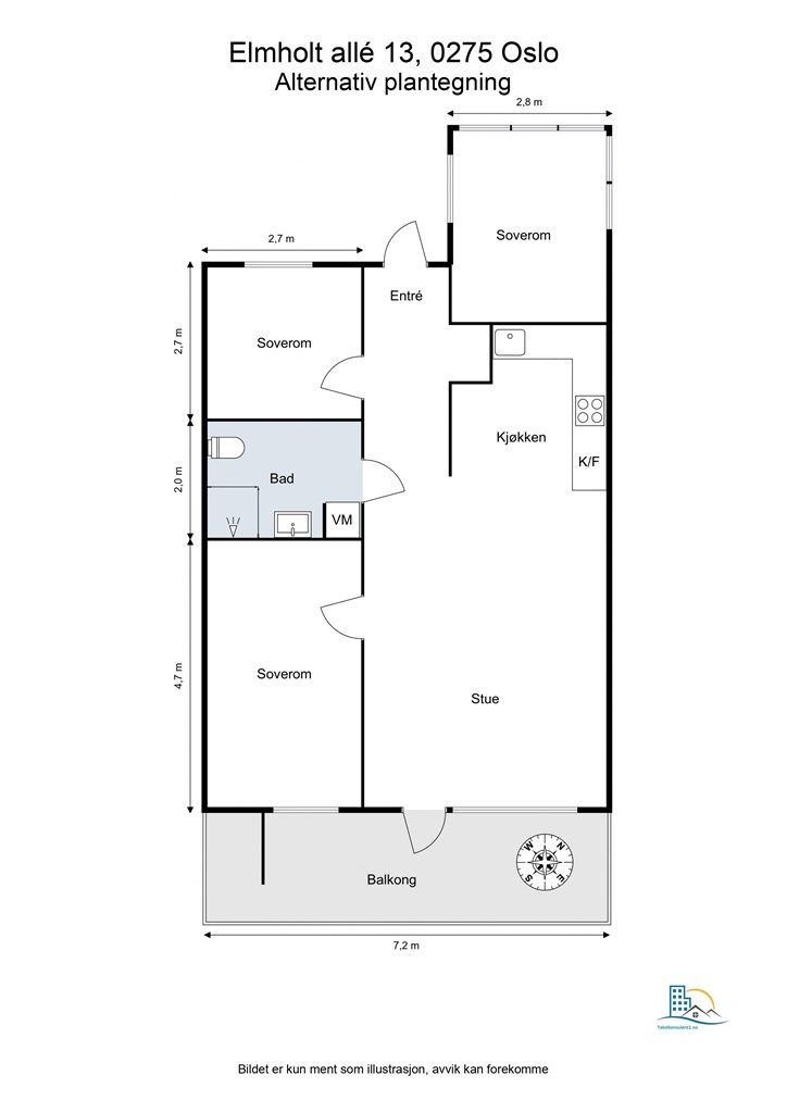 Planløsningen gir fleksibilitet, med mulighet for å etablere et tredje soverom ved behov.