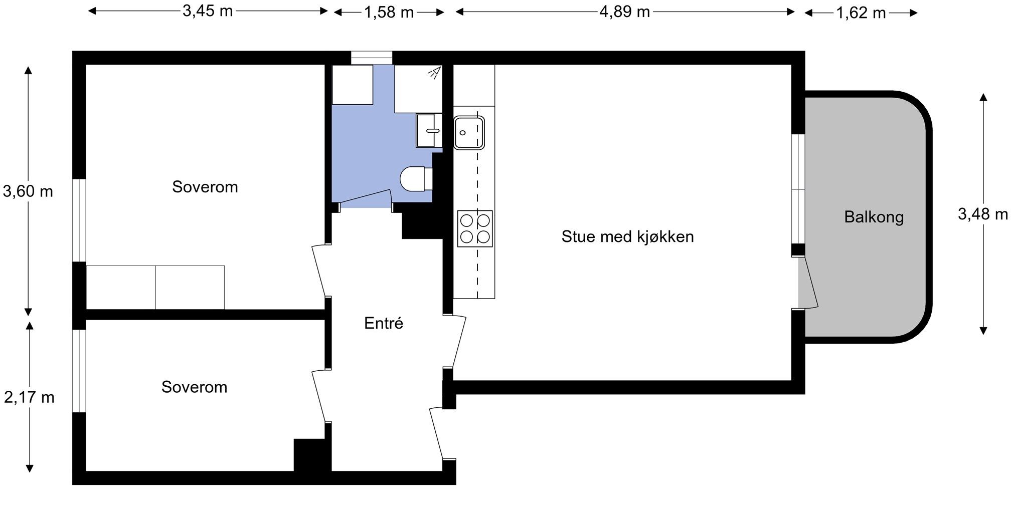 Alternativ planløsning viser hvordan leiligheten kan gjøres om til en 3-roms. Flere i borettslaget har gjort denne endringen –  gir mulighet for mer plass og fleksibilitet!