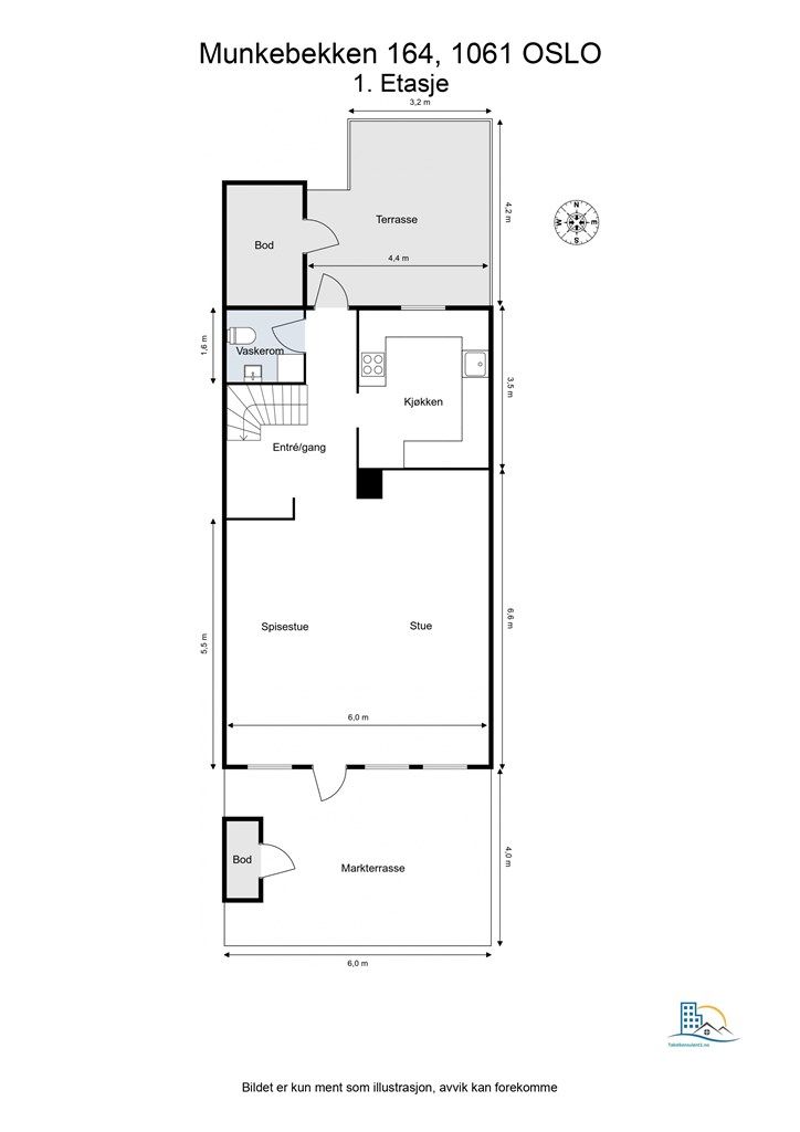 Plantegning- 1. Etasje. Bestående av stue, kjøkken og vaskerom. 