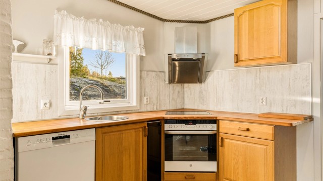 Kjøkkenet er utstyrt med oppvaskmaskin, stekeovn og koketopp.