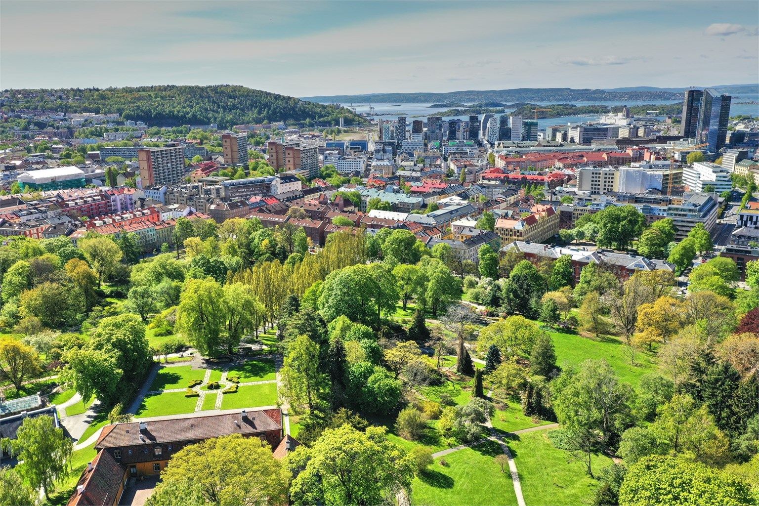 Tøyen mot Bjørvika og Oslofjorden - med botanisk hage og Tøyen Hovedgård i front