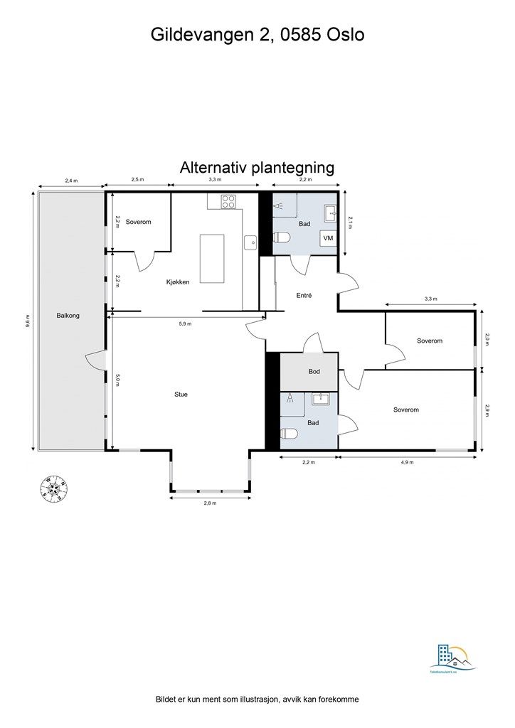 Alternativ planløsning. Det er mulig å etablere et ekstra soverom på kjøkken. 