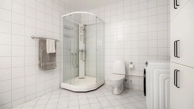 Badet har dusjkabinett, gulvstående toalett og opplegg for vaskemaskin