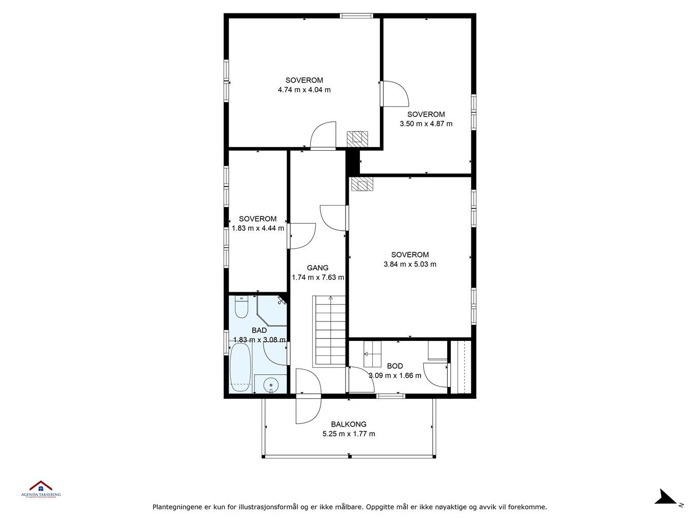 Plantegning andre etasje. Her finner du fire soverom og bad.