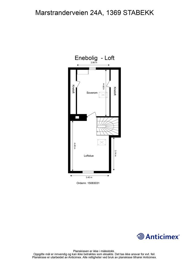 Loftsetasjen med loftstue og et tilstøtende rom, samt lagringsplass i kott. (rommet tegnet inn som soverom er ikke godkjent til varig opphold)