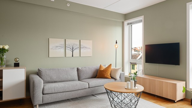 Romslig stue med plass til sofa og spisebord.