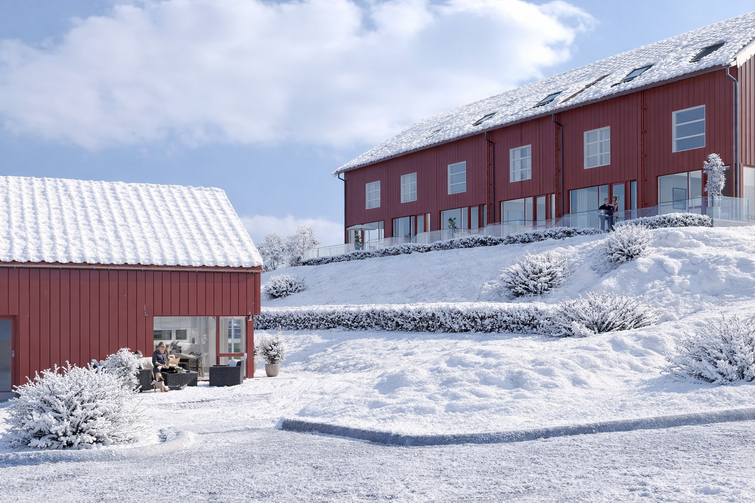 Boligene vil bygges moderne og tidsriktige, men samtidig holde på eiendommens klassiske historie (3d bilder er ment som en illustrasjon. Avvik vil forekomme) - Redigert vinterbilde Neslia 48 rekkehus