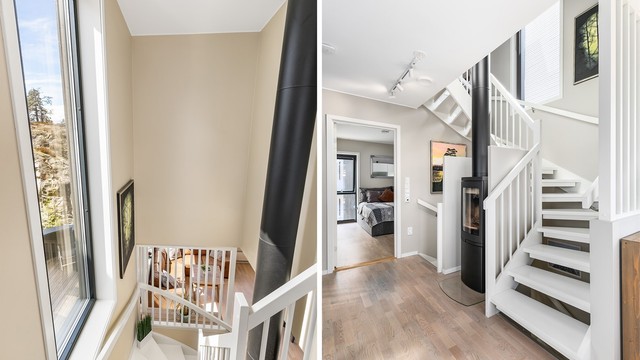 Vedovnen som er sentralt plassert på midtre plan gir god varme til hele huset. Det er for øvrig også gulvvarme i alle etasjens rom; hovedsakelig varmefolie.