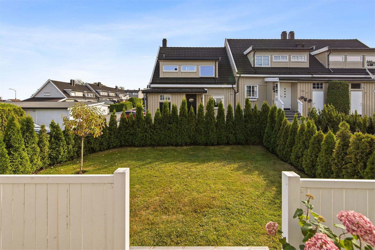 En lettstelt hage med plen og beplantning.