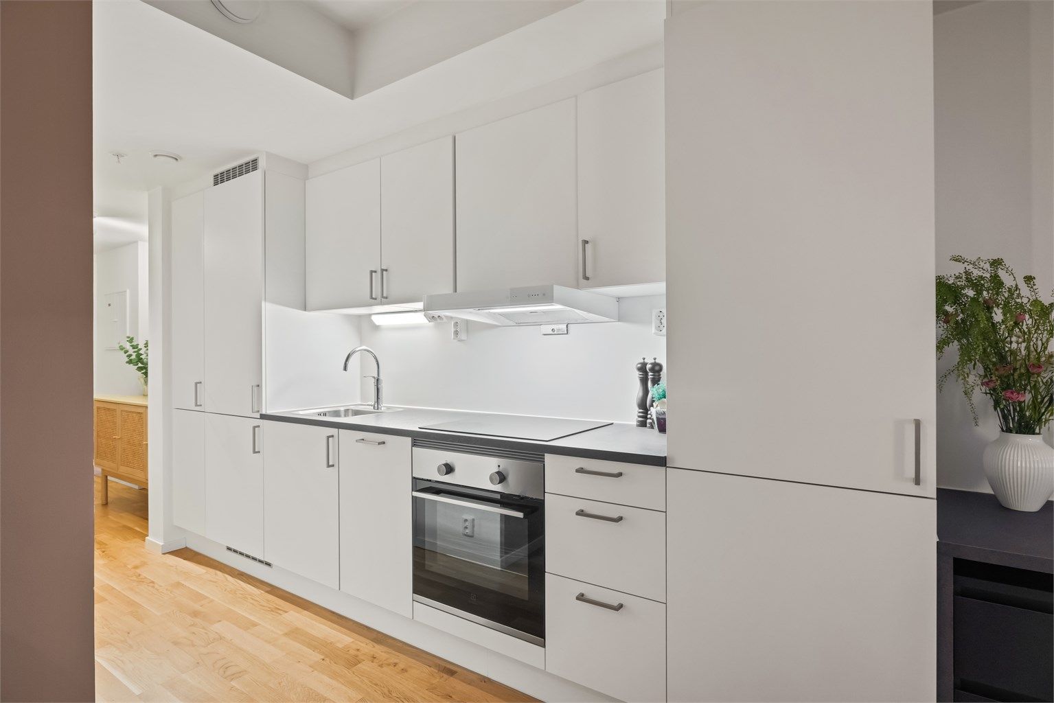 Kjøkkenet har en stilren innredning med glatte fronter og godt med skapplass.