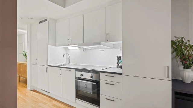 Kjøkkenet har en stilren innredning med glatte fronter og godt med skapplass.