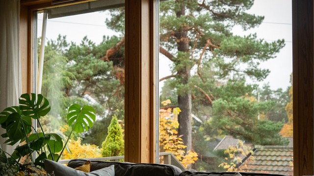 I tillegg til utsikten ut mot Åsbråten, Nesodden og Asker, er det også utsyn fra stuevinduene mot frodige trær og grønne omgivelser som samtidig skjermer for innsyn fra hus som ligger et stykke unna.
